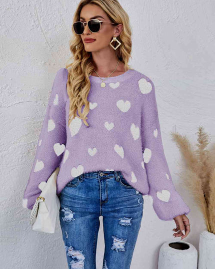 Woven Right Heart Print Fuzzy Crewneck Long Sleeve Sweater