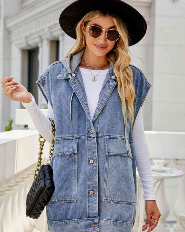 Hooded Sleeveless Denim Top with Pockets
