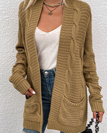 Cable-Knit Open Front Cardigan with Pockets