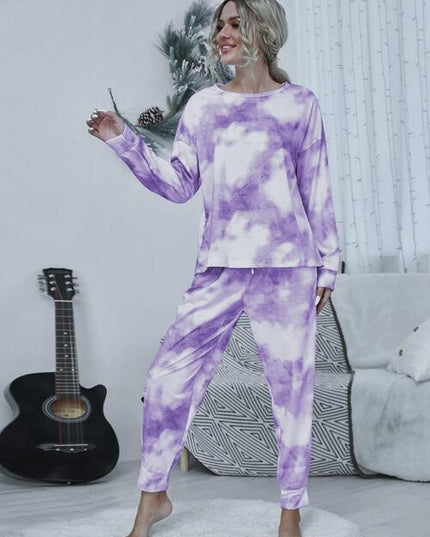 Tie-dye Round Neck Top and Drawstring Pants Lounge Set