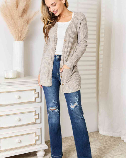 Double Take Ribbed Button-Up Cardigan with Pockets
