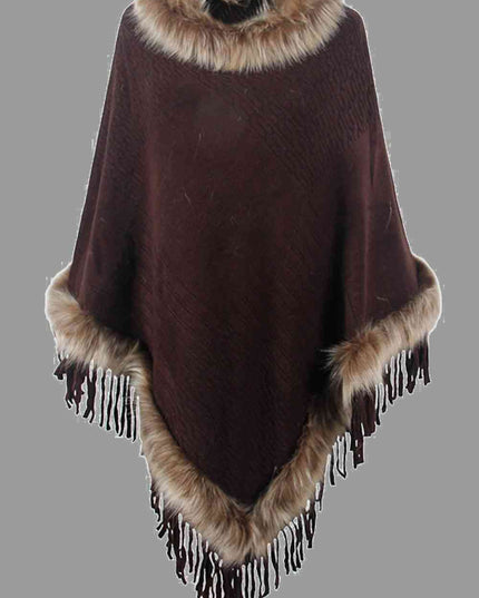 Faux Fur Trim Fringed Poncho