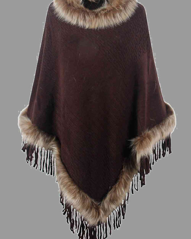 Faux Fur Trim Fringed Poncho