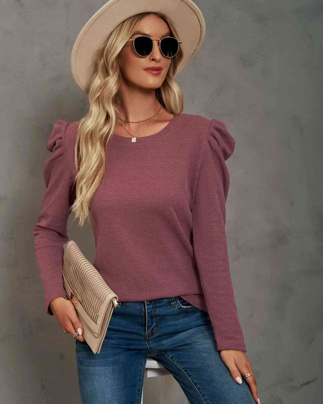 Waffle-Knit Puff Sleeve Round Neck Top