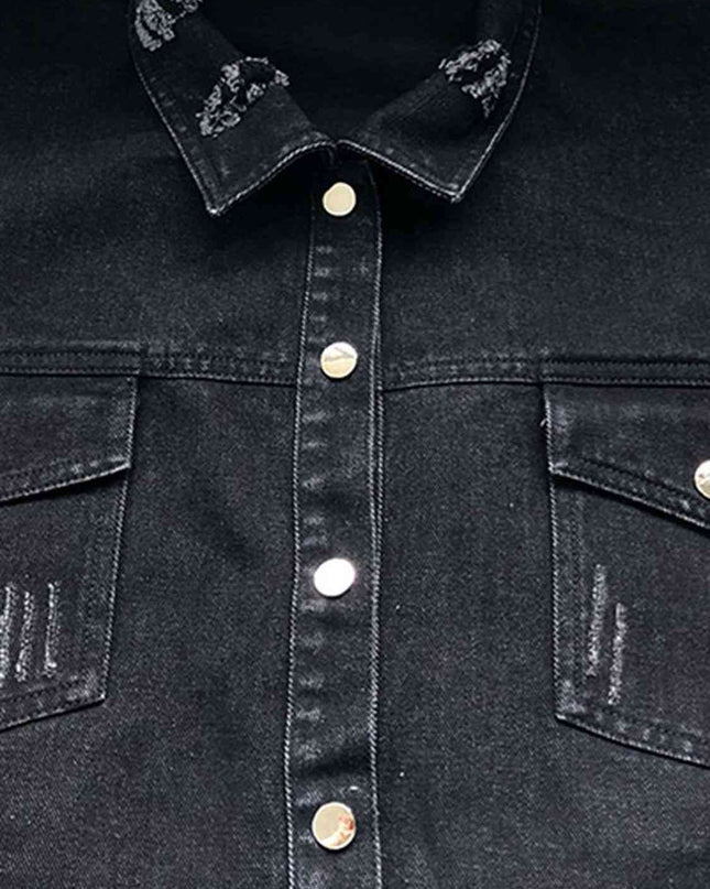 Raw Hem Collared Neck Long Sleeve Denim Jacket