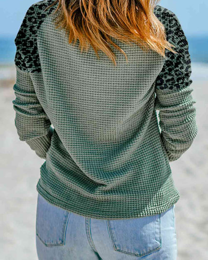 Waffle Knit Leopard Notched Neck Top