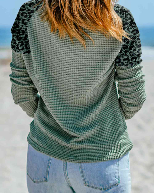 Waffle Knit Leopard Notched Neck Top