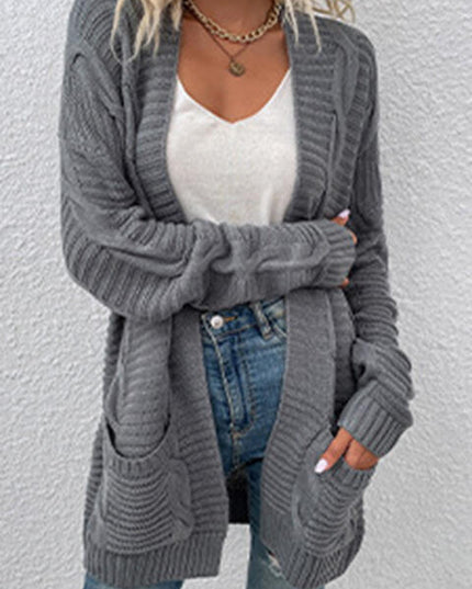 Cable-Knit Open Front Cardigan with Pockets