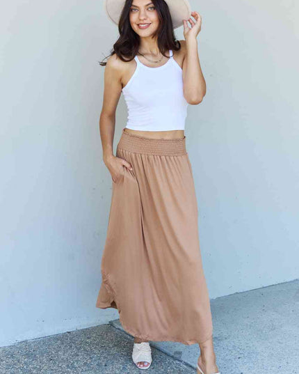 Doublju Comfort Princess Full Size High Waist Scoop Hem Maxi Skirt in Tan