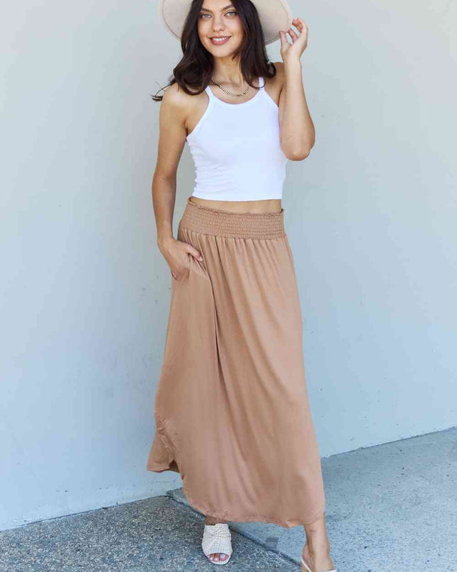Doublju Comfort Princess Full Size High Waist Scoop Hem Maxi Skirt in Tan