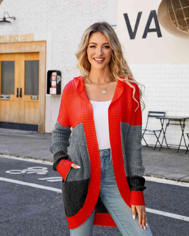 Color Block Open Front Hooded Cardigan