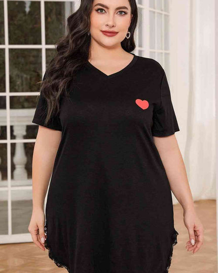 Plus Size Lace Trim V-Neck Short Sleeve Night Dress