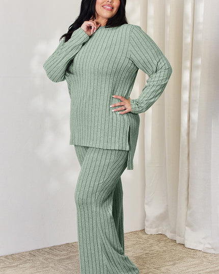Basic Bae Full Size Ribbed High-Low Top and Wide Leg Pants Set