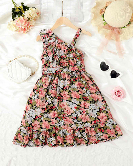 Floral Asymmetrical Neck Ruffled Dress