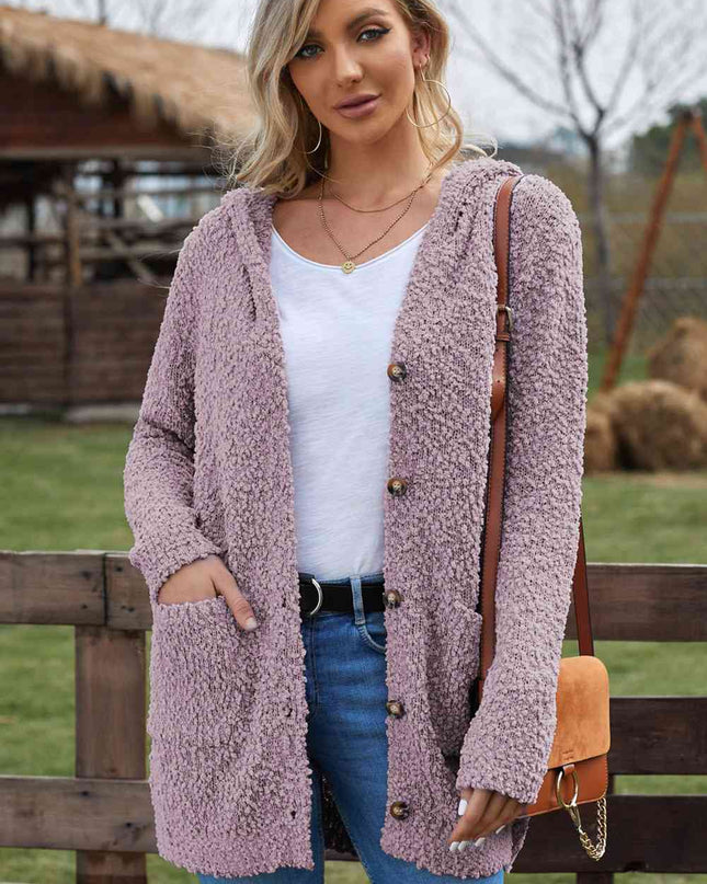 Double Take Popcorn-Knit Long Sleeve Hooded Cardigan