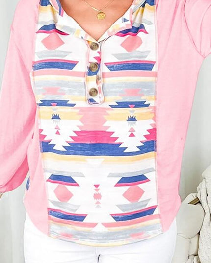 Geometric Exposed Seam Half Button Blouse