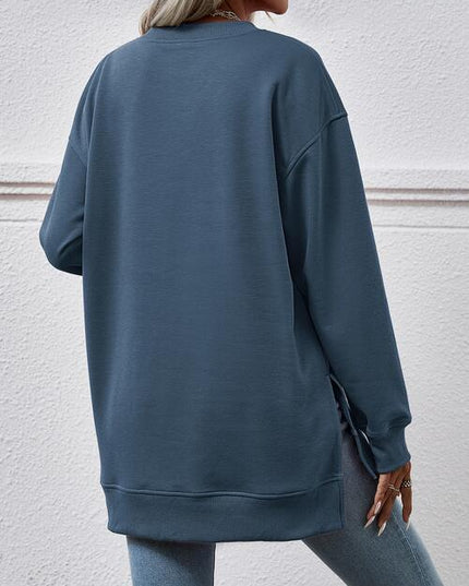 V-Neck Slit Long Sleeve Sweatshirt