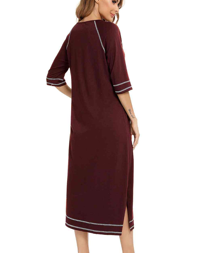 Zip Up Slit Round Neck Night Dress with Pockets