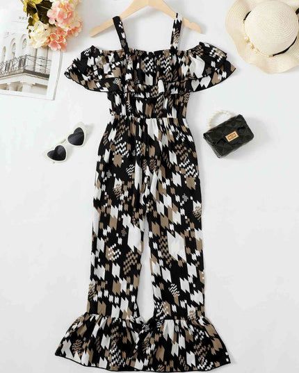 Printed Cold-Shoulder Flare Leg Jumpsuit