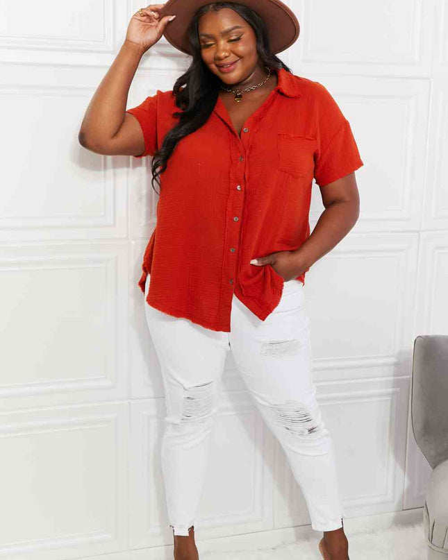 Zenana Full Size Summer Breeze Gauze Short Sleeve Shirt in Copper
