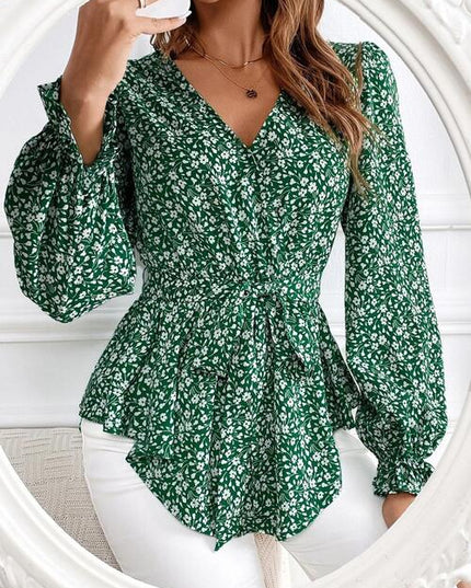 Printed V-Neck Tie Front Flounce Sleeve Blouse