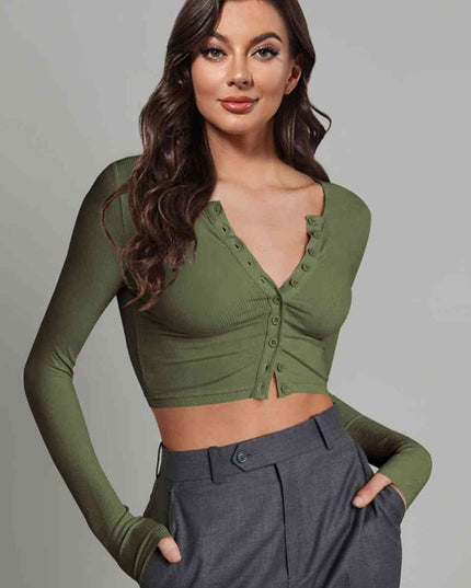 Double Take Button Down Long Sleeve Cropped Top