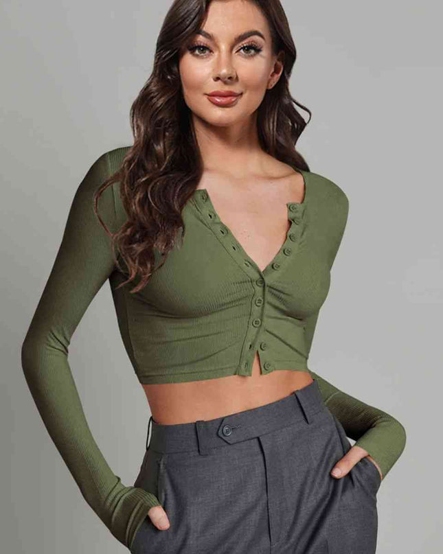 Double Take Button Down Long Sleeve Cropped Top