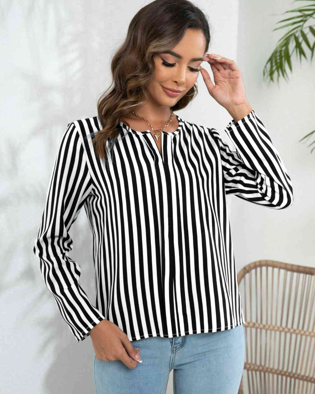 Striped Long Sleeve Notched Blouse