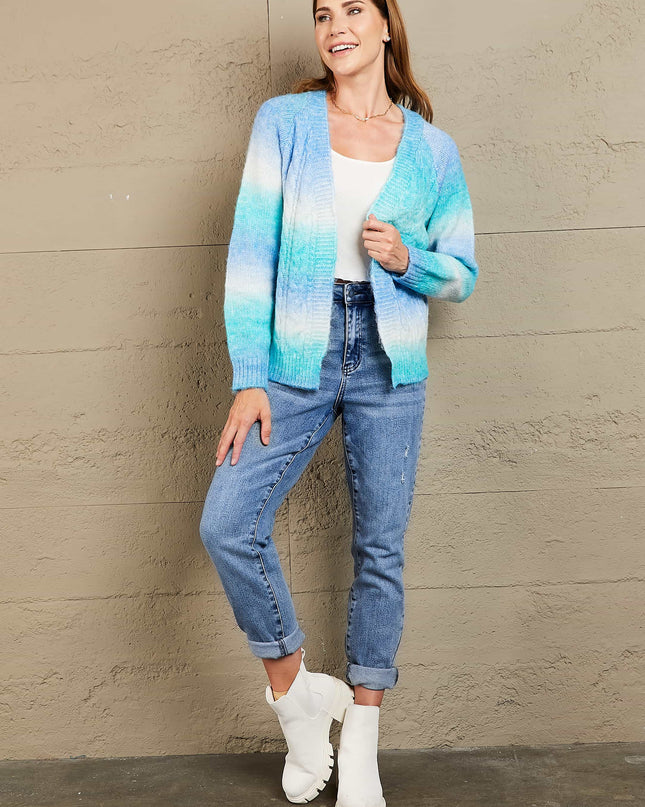 Woven Right Tie-Dye Cable-Knit Raglan Sleeve Open Front Cardigan