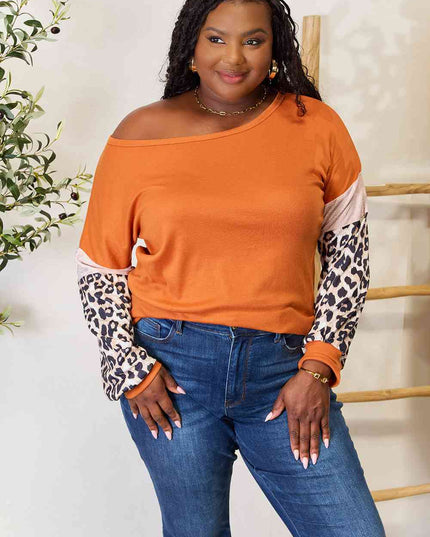 Double Take Leopard Long Sleeve Round Neck Sweatshirt