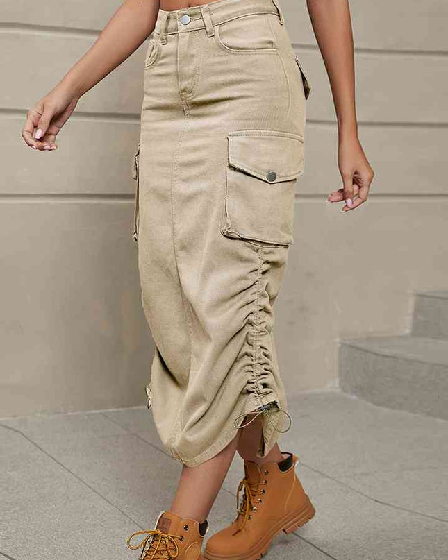Drawstring Denim Skirt with Pockets