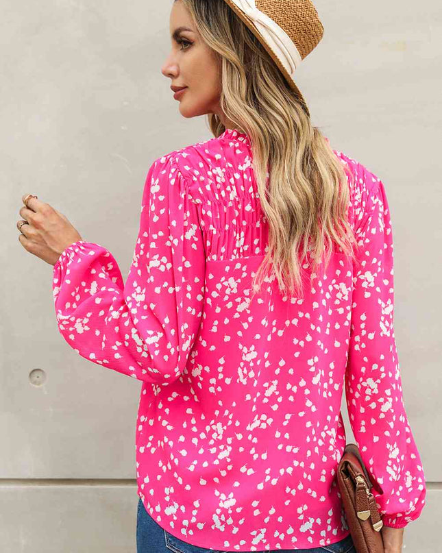 Double Take Printed Notched Neck Smocked Blouse