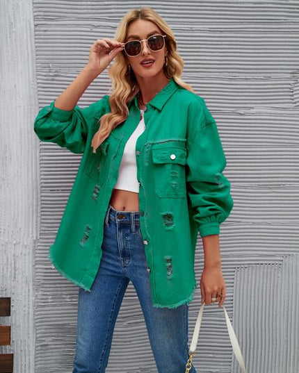 Distressed Raw Hem Denim Jacket