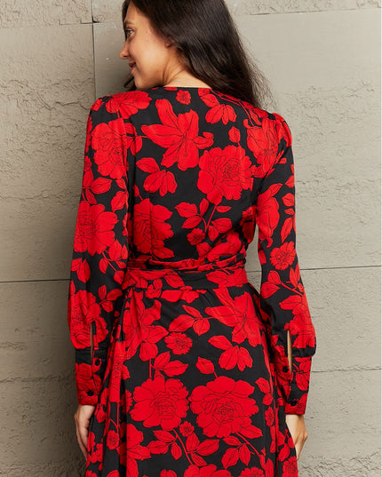 Floral Print Surplice Neck Tie Waist Dress