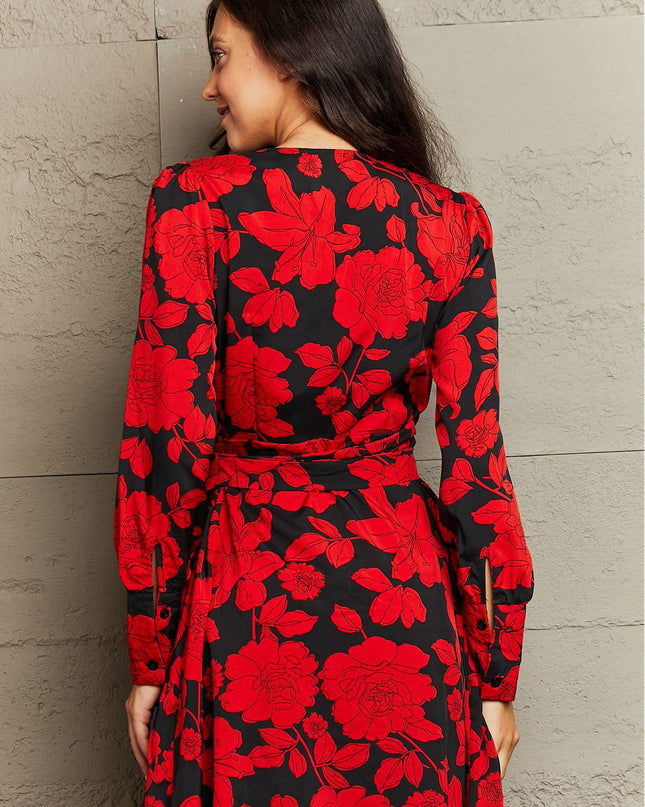 Floral Print Surplice Neck Tie Waist Dress