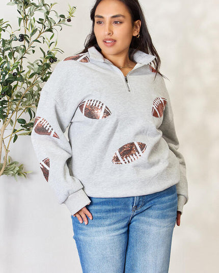 Double Take Full Size Sequin Football Half Zip Long Sleeve Sweatshirt