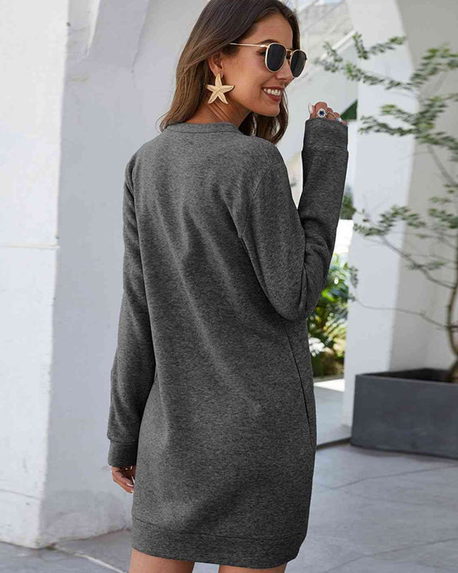 Round Neck Long Sleeve Mini Dress with Pockets