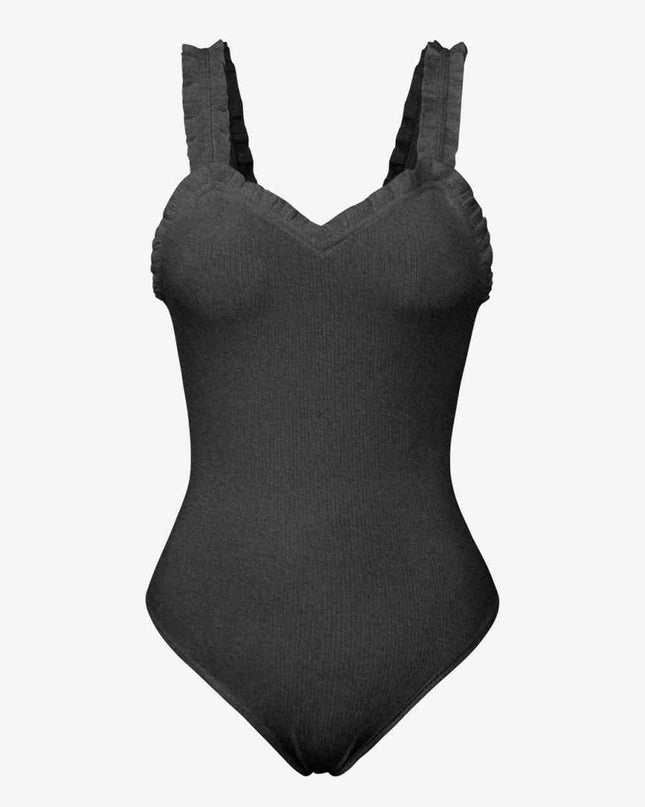 Ribbed Ruffle Trim Sleeveless Bodysuit