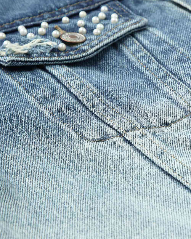 Pearl Detail Distressed Button Up Denim Jacket