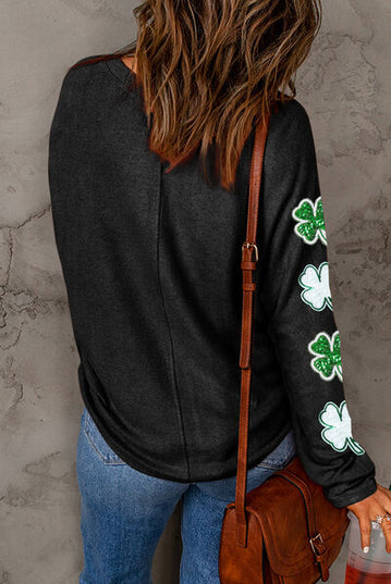 Sequin Lucky Clover Round Neck Sweatshirt