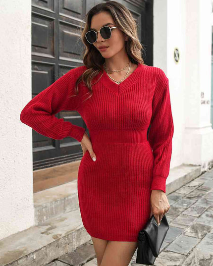 Rib-Knit V-Neck Sweater Dress