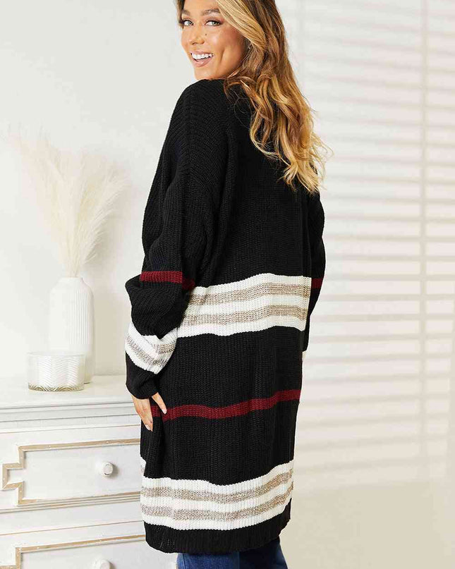 Double Take Striped Rib-Knit Drop Shoulder Open Front Cardigan