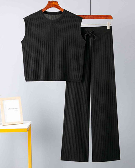 Ribbed Sweater Vest and Drawstring Knit Pants Set