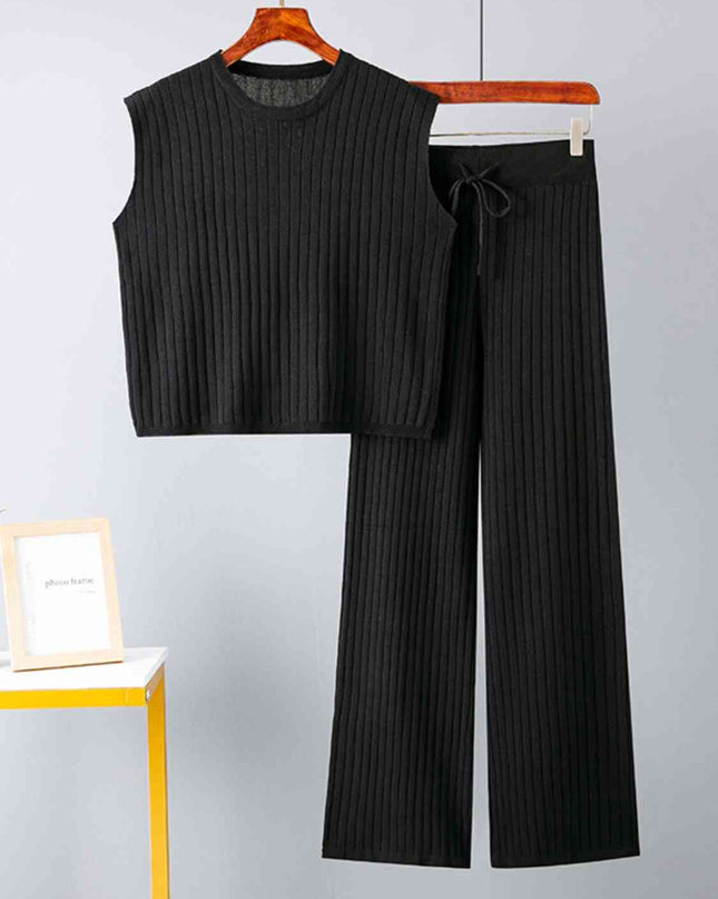 Ribbed Sweater Vest and Drawstring Knit Pants Set