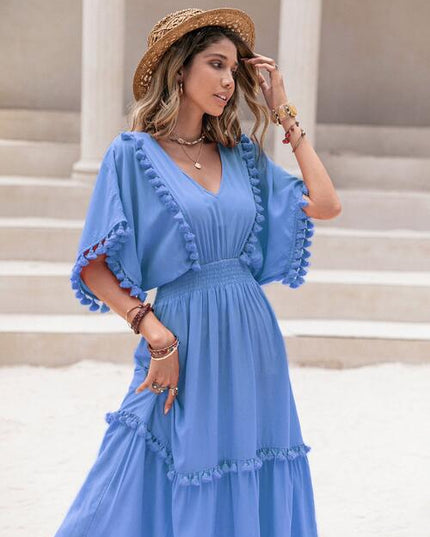 Tassel Trim Smocked V-Neck Short Sleeve Dress
