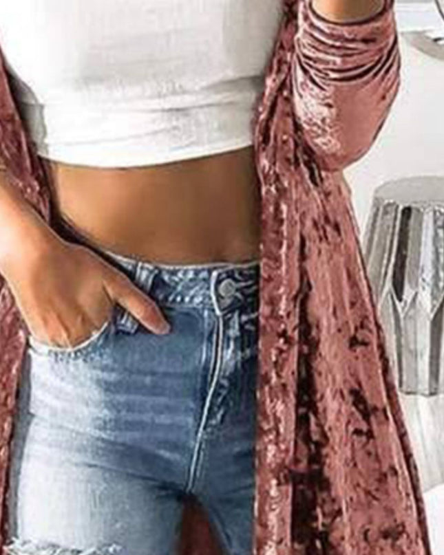 Open Front Long Sleeve Longline Velvet Cardigan