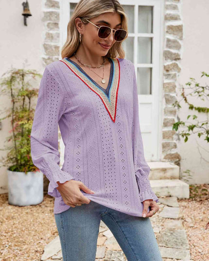 Eyelet Flounce Sleeve V-Neck Blouse