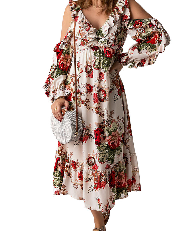 Floral Cold-Shoulder Ruffled Dress