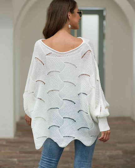 Full Size Boat Neck Lantern Sleeve Openwork Knit Top