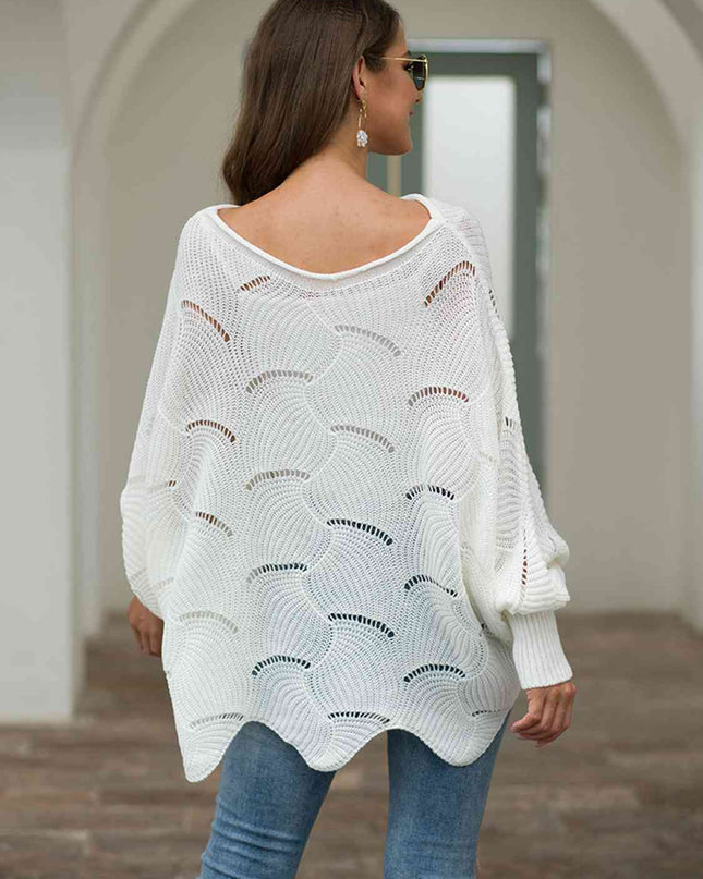 Full Size Boat Neck Lantern Sleeve Openwork Knit Top